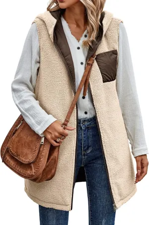 ECOWISH Women Long Puffer Vest: Fall Zip up Reversible Fleece Jacket 2024 Winter Warm Sleeveless Hooded Coat with Pockets