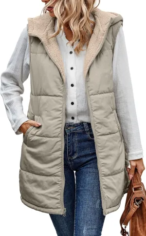 ECOWISH Women Long Puffer Vest: Fall Zip up Reversible Fleece Jacket 2024 Winter Warm Sleeveless Hooded Coat with Pockets