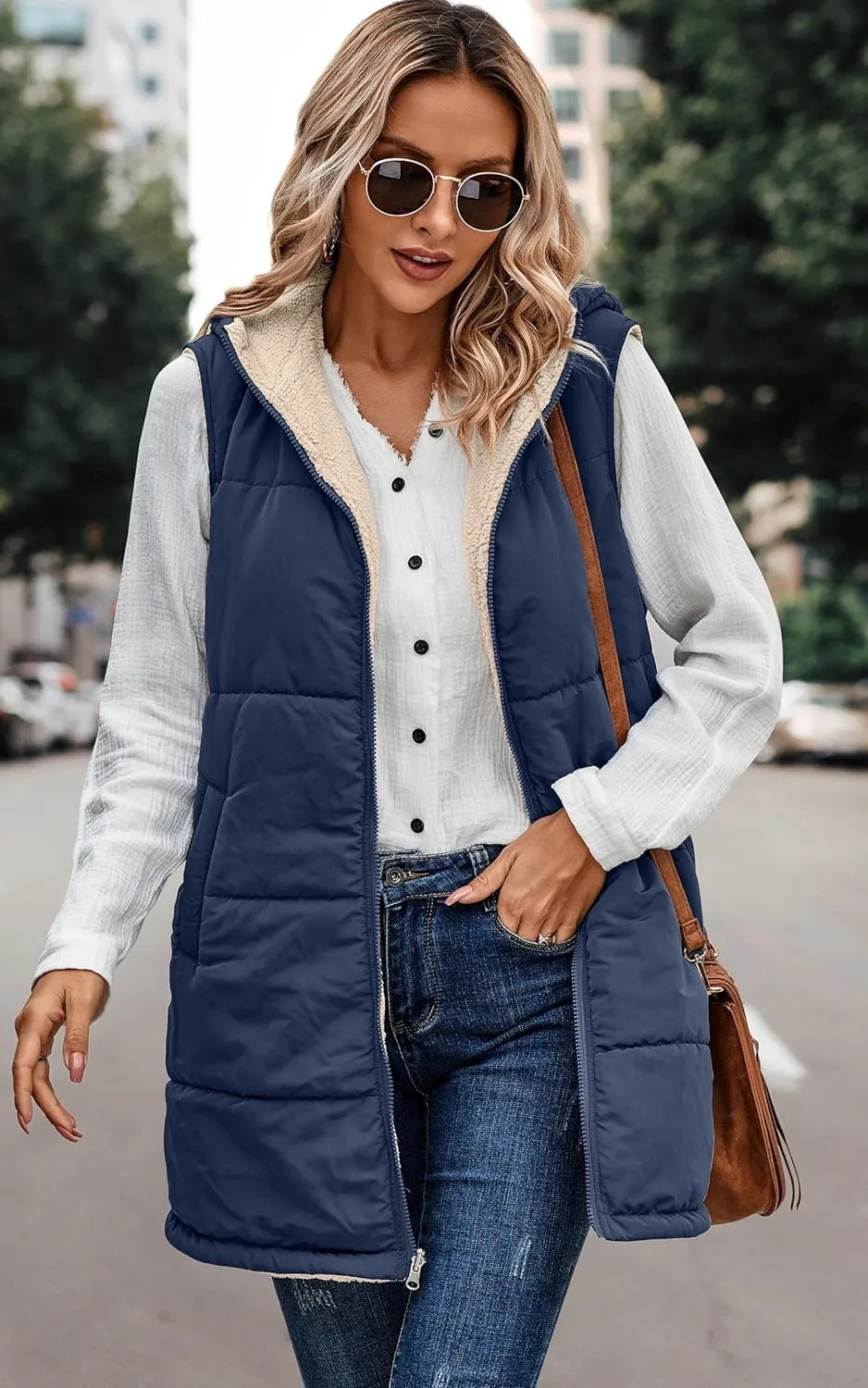 ECOWISH Women Long Puffer Vest: Fall Zip up Reversible Fleece Jacket 2024 Winter Warm Sleeveless Hooded Coat with Pockets