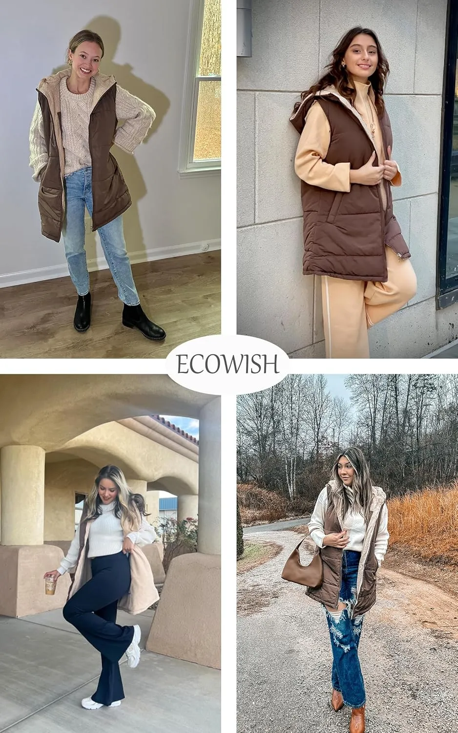 ECOWISH Women Long Puffer Vest: Fall Zip up Reversible Fleece Jacket 2024 Winter Warm Sleeveless Hooded Coat with Pockets