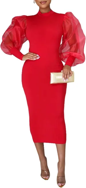 Ekaliy Women's See Through Bodycon Dress Sheer Mesh Long Puff Lantern Sleeve Dress Sexy Club Party Midi Dress Clubwear