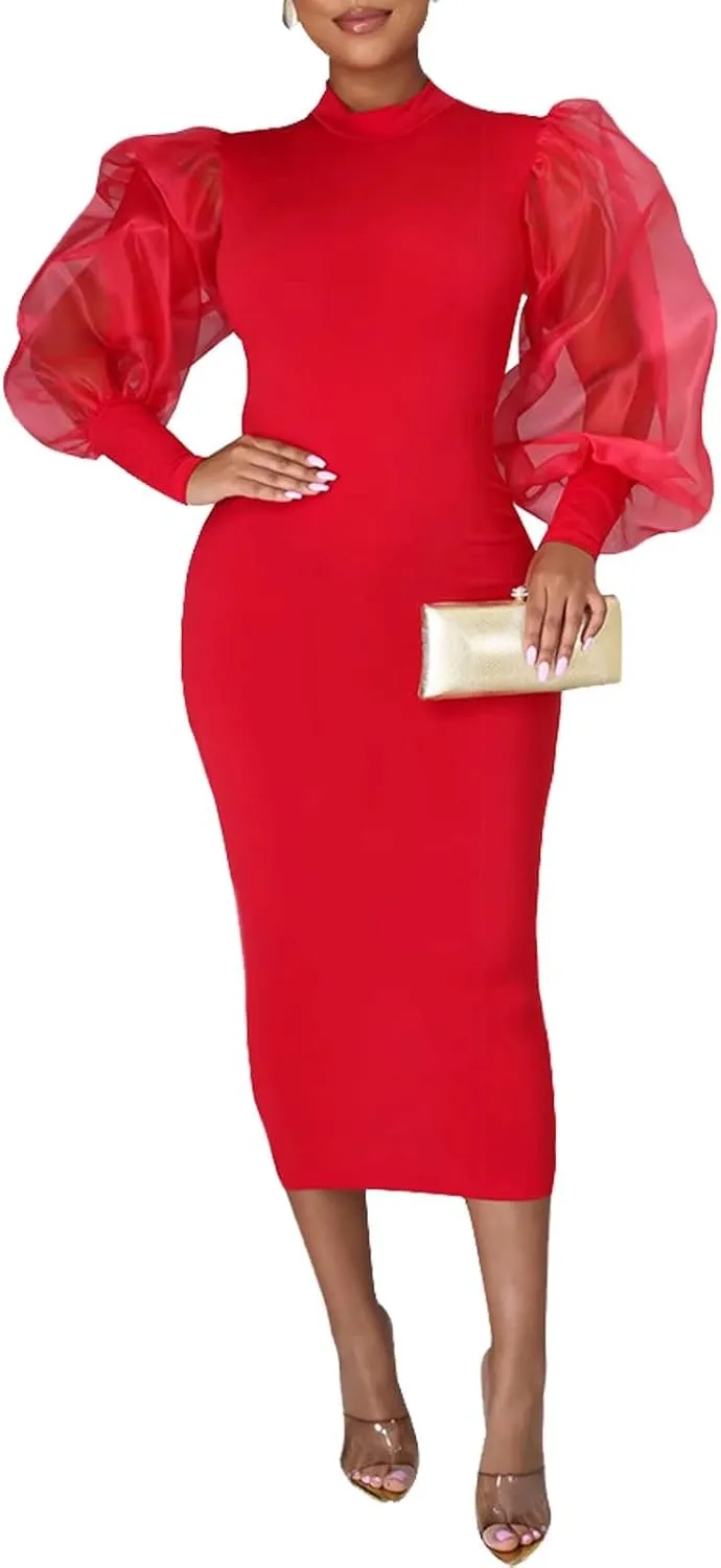 Ekaliy Women's See Through Bodycon Dress Sheer Mesh Long Puff Lantern Sleeve Dress Sexy Club Party Midi Dress Clubwear