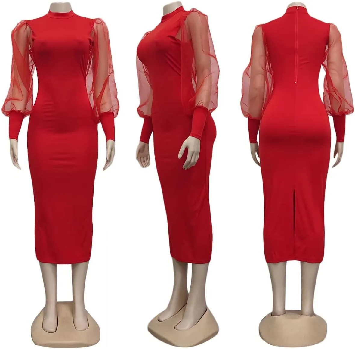 Ekaliy Women's See Through Bodycon Dress Sheer Mesh Long Puff Lantern Sleeve Dress Sexy Club Party Midi Dress Clubwear
