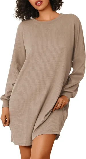 Ekouaer Nightgowns for Women Long Sleeve Sleep Shirts Waffle Knit Nightshirts Soft Sleep Dress Oversized Sleepwear