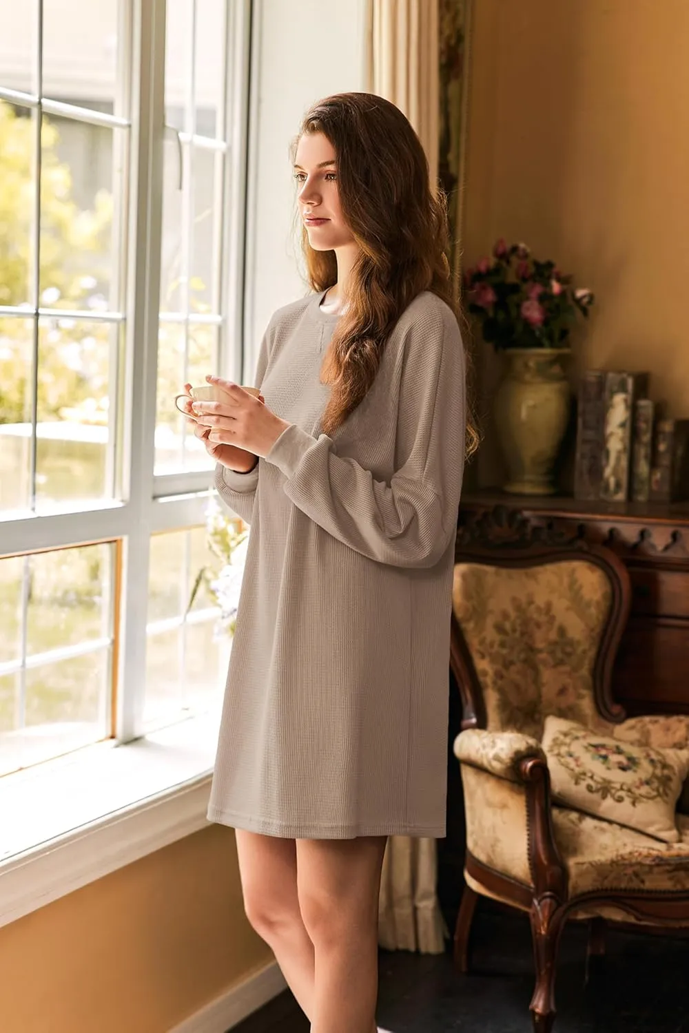 Ekouaer Nightgowns for Women Long Sleeve Sleep Shirts Waffle Knit Nightshirts Soft Sleep Dress Oversized Sleepwear