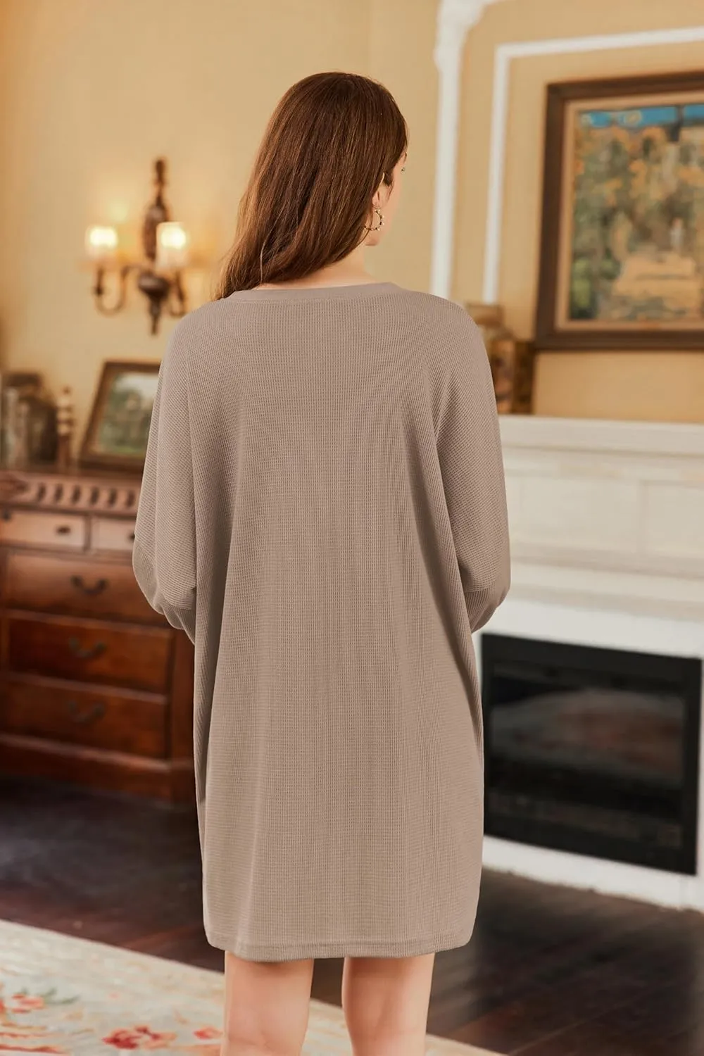 Ekouaer Nightgowns for Women Long Sleeve Sleep Shirts Waffle Knit Nightshirts Soft Sleep Dress Oversized Sleepwear