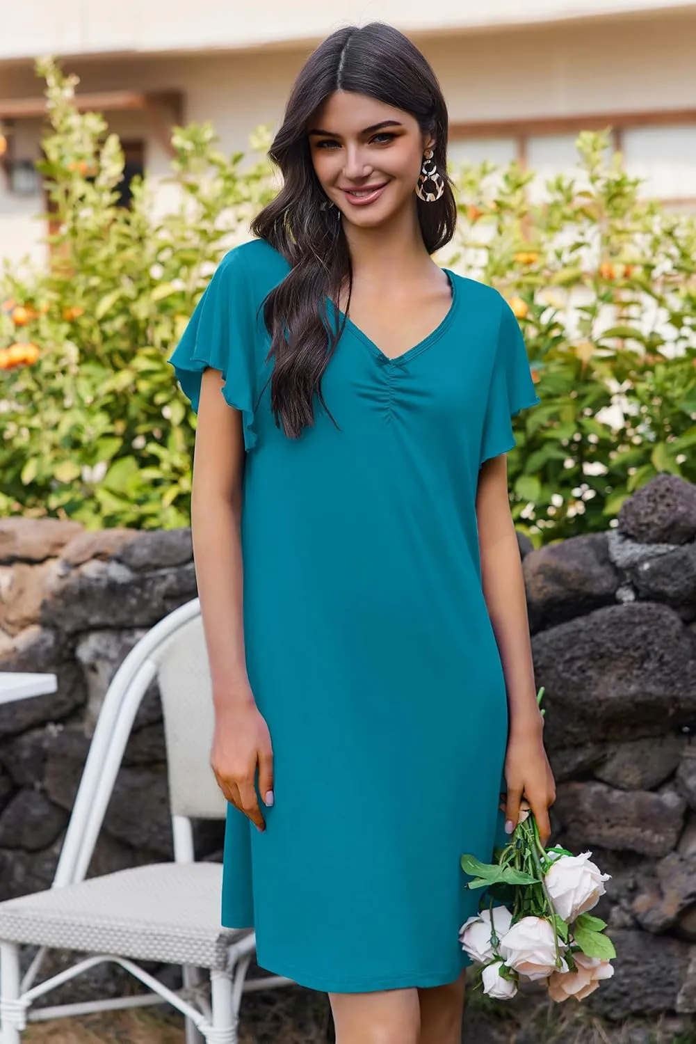 Ekouaer Nightgowns for Women Short Sleeve Night Gown Comfy Sleep Shirt Soft Sleep Dress Pleated Sleepwear