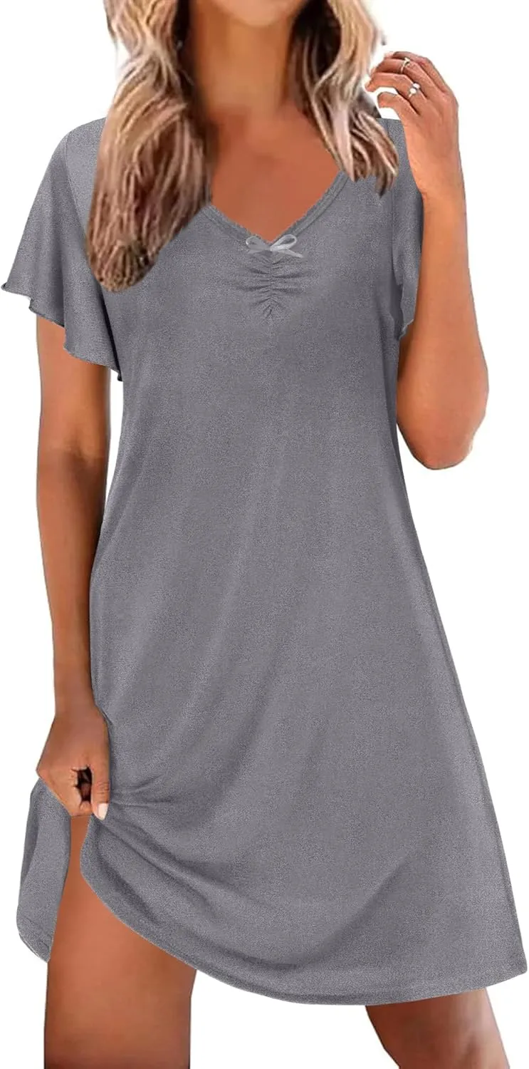 Ekouaer Nightgowns for Women Short Sleeve Night Gown Comfy Sleep Shirt Soft Sleep Dress Pleated Sleepwear