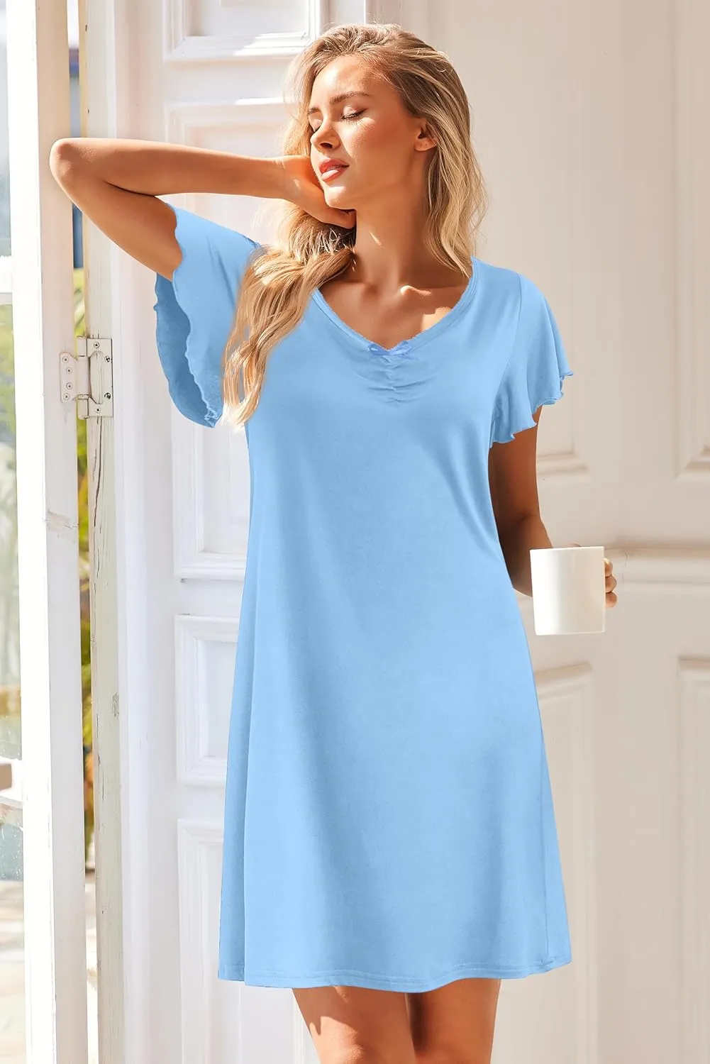 Ekouaer Nightgowns for Women Short Sleeve Night Gown Comfy Sleep Shirt Soft Sleep Dress Pleated Sleepwear