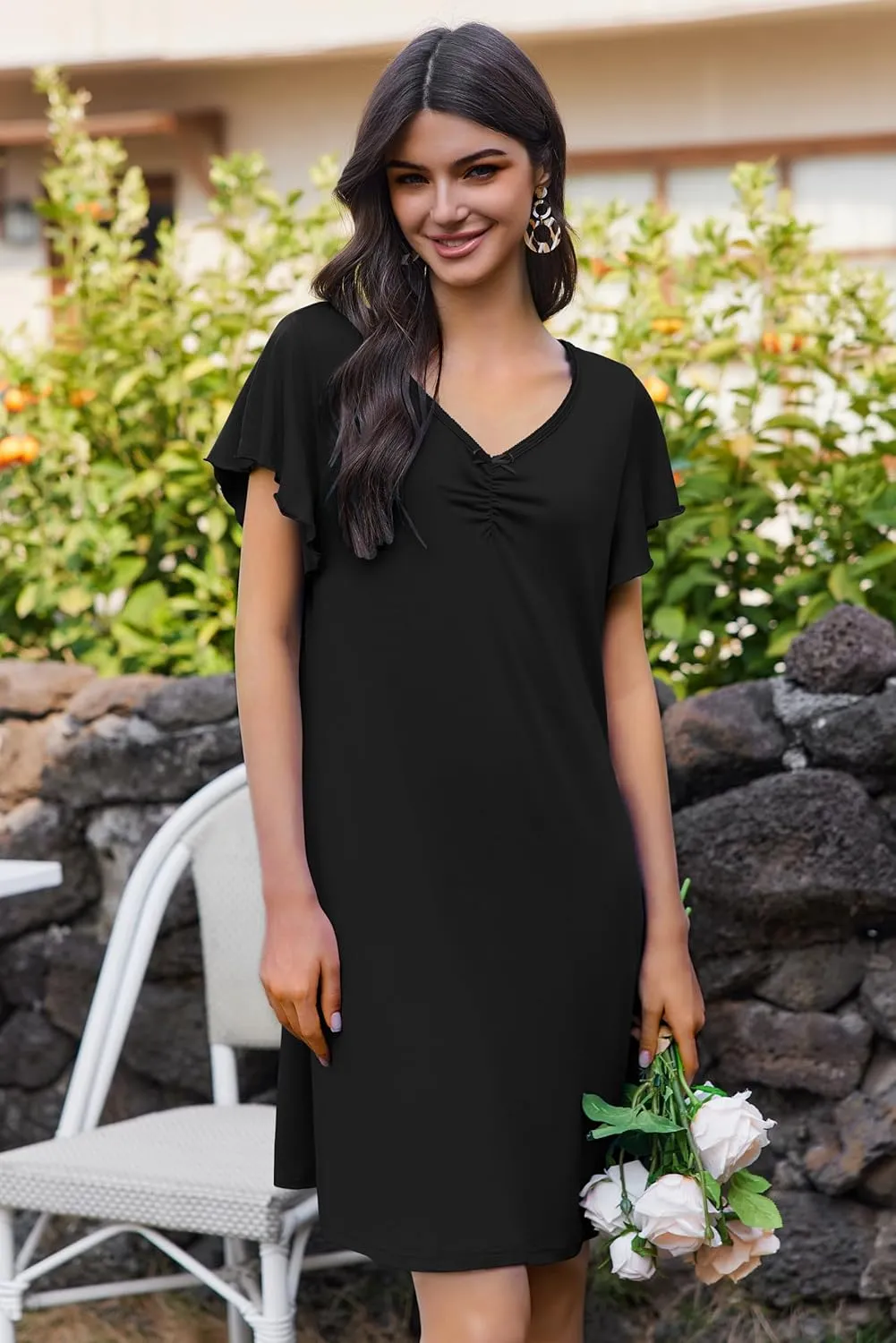 Ekouaer Nightgowns for Women Short Sleeve Night Gown Comfy Sleep Shirt Soft Sleep Dress Pleated Sleepwear