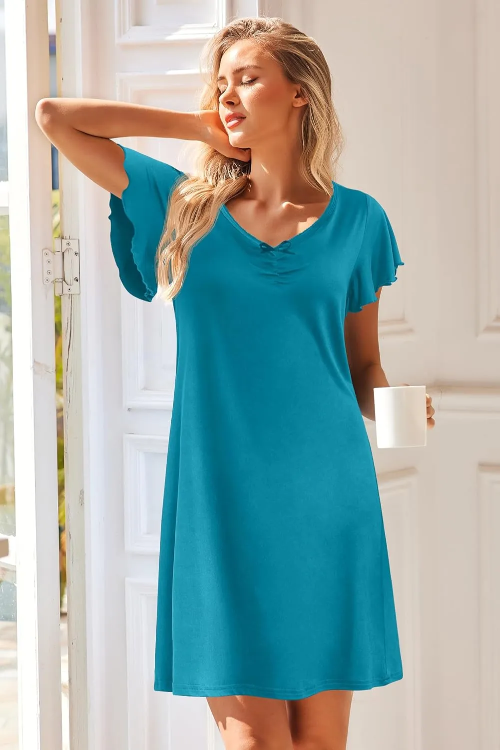 Ekouaer Nightgowns for Women Short Sleeve Night Gown Comfy Sleep Shirt Soft Sleep Dress Pleated Sleepwear