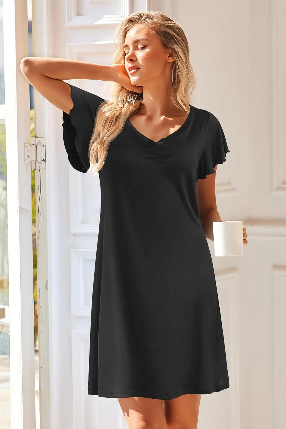 Ekouaer Nightgowns for Women Short Sleeve Night Gown Comfy Sleep Shirt Soft Sleep Dress Pleated Sleepwear
