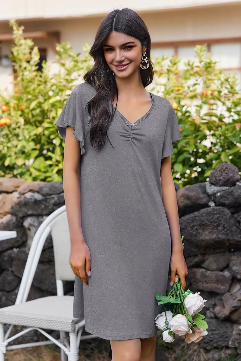 Ekouaer Nightgowns for Women Short Sleeve Night Gown Comfy Sleep Shirt Soft Sleep Dress Pleated Sleepwear