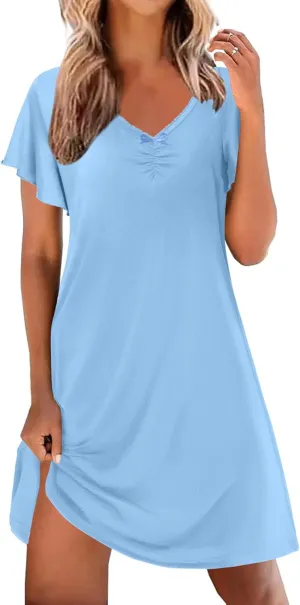 Ekouaer Nightgowns for Women Short Sleeve Night Gown Comfy Sleep Shirt Soft Sleep Dress Pleated Sleepwear