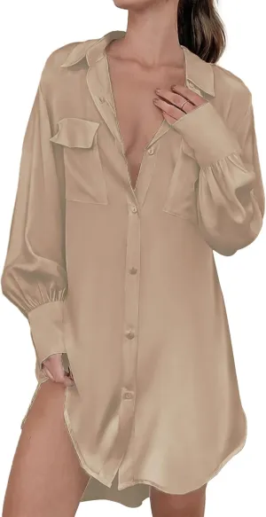 Ekouaer Women Satin Sleep Shirt Long Sleeve Nightgown Button Down Nightshirt Silk Sleepwear Soft Pajama Dress Sleep Dress