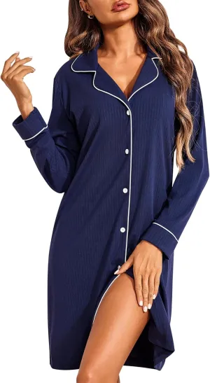 Ekouaer Womens Long Sleeve Nightgowns Button Down Sleep Shirts V Neck Sleep Dress Navy Blue XXL