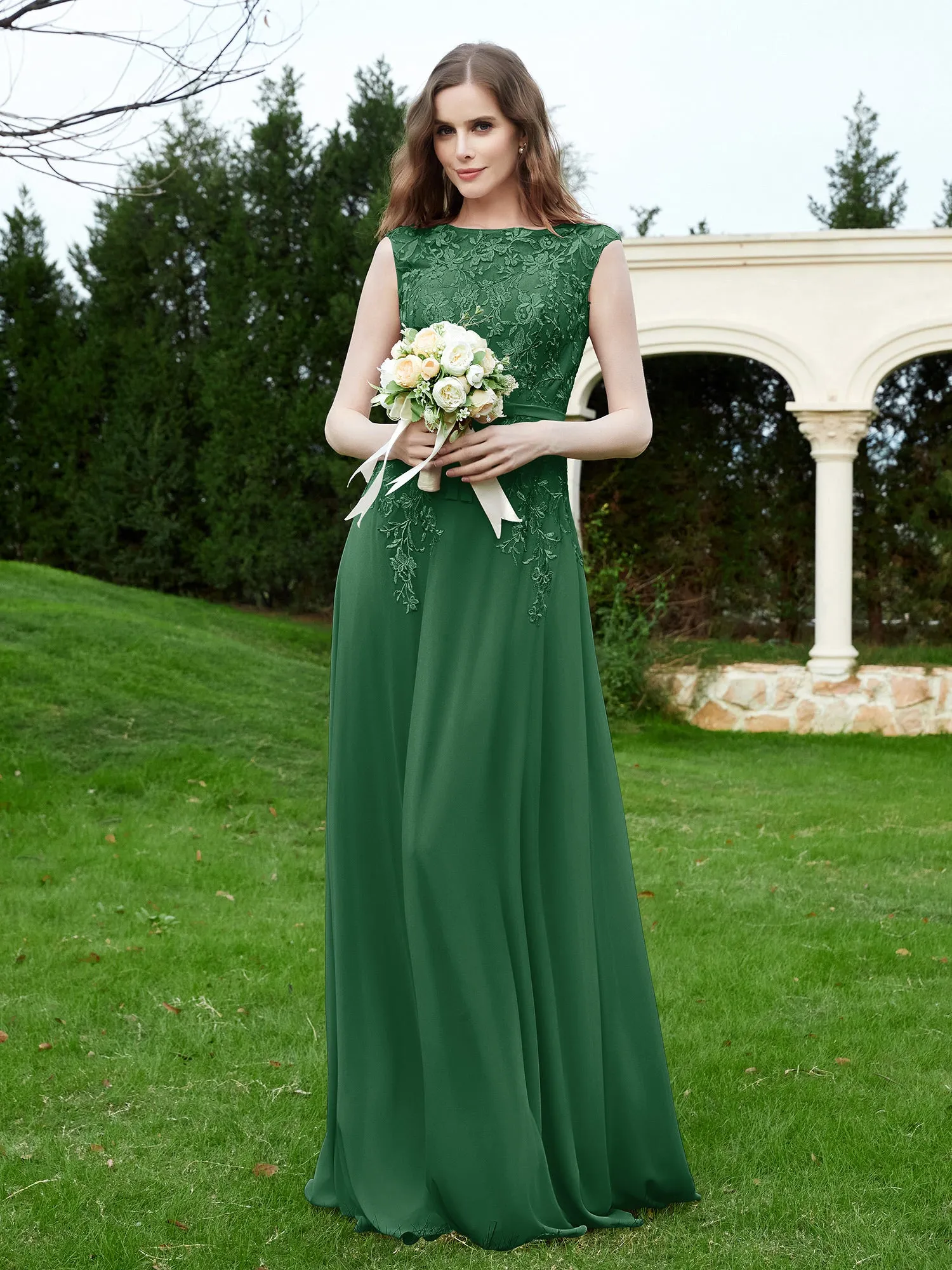 Elegant Illusion Lace Appliqued Dress With Buttons Dark Green