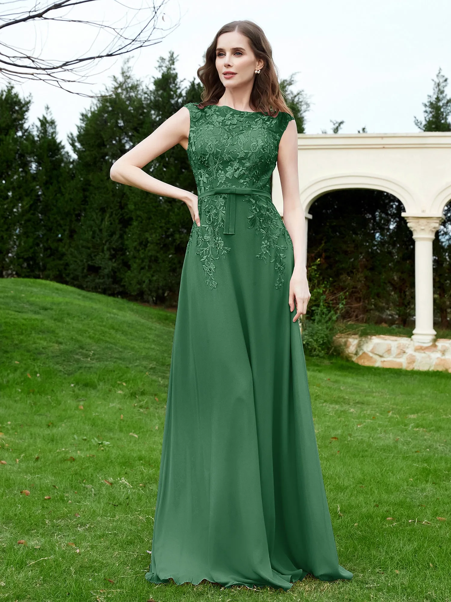 Elegant Illusion Lace Appliqued Dress With Buttons Dark Green