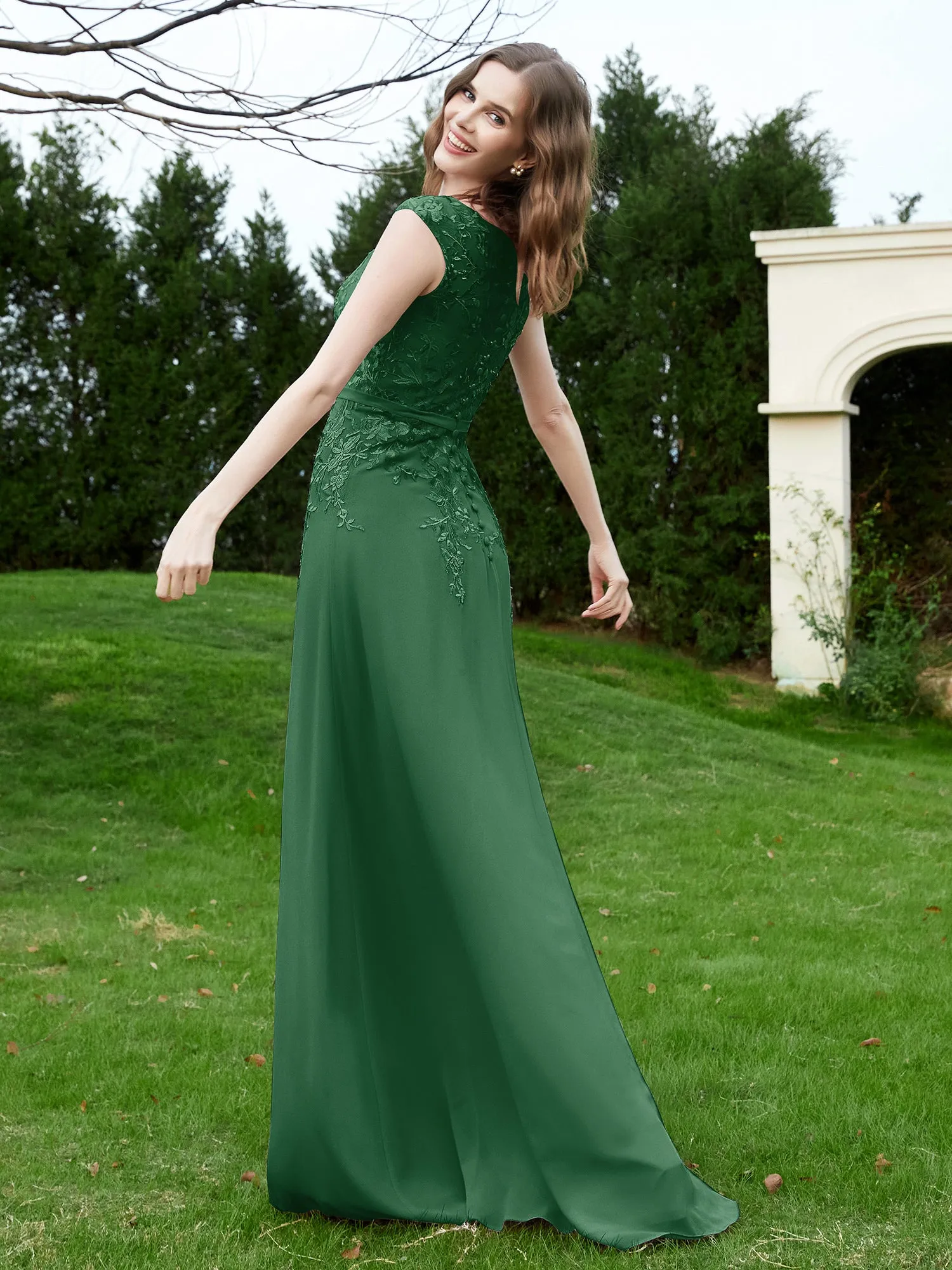 Elegant Illusion Lace Appliqued Dress With Buttons Dark Green