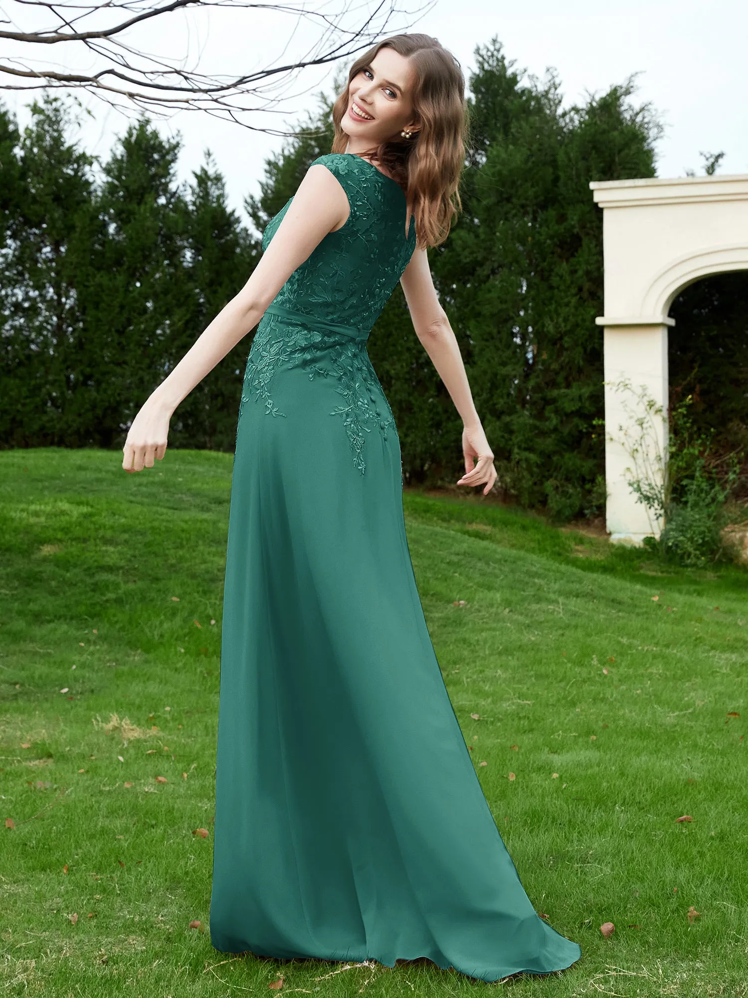 Elegant Illusion Lace Appliqued Dress With Buttons Peacock Plus Size