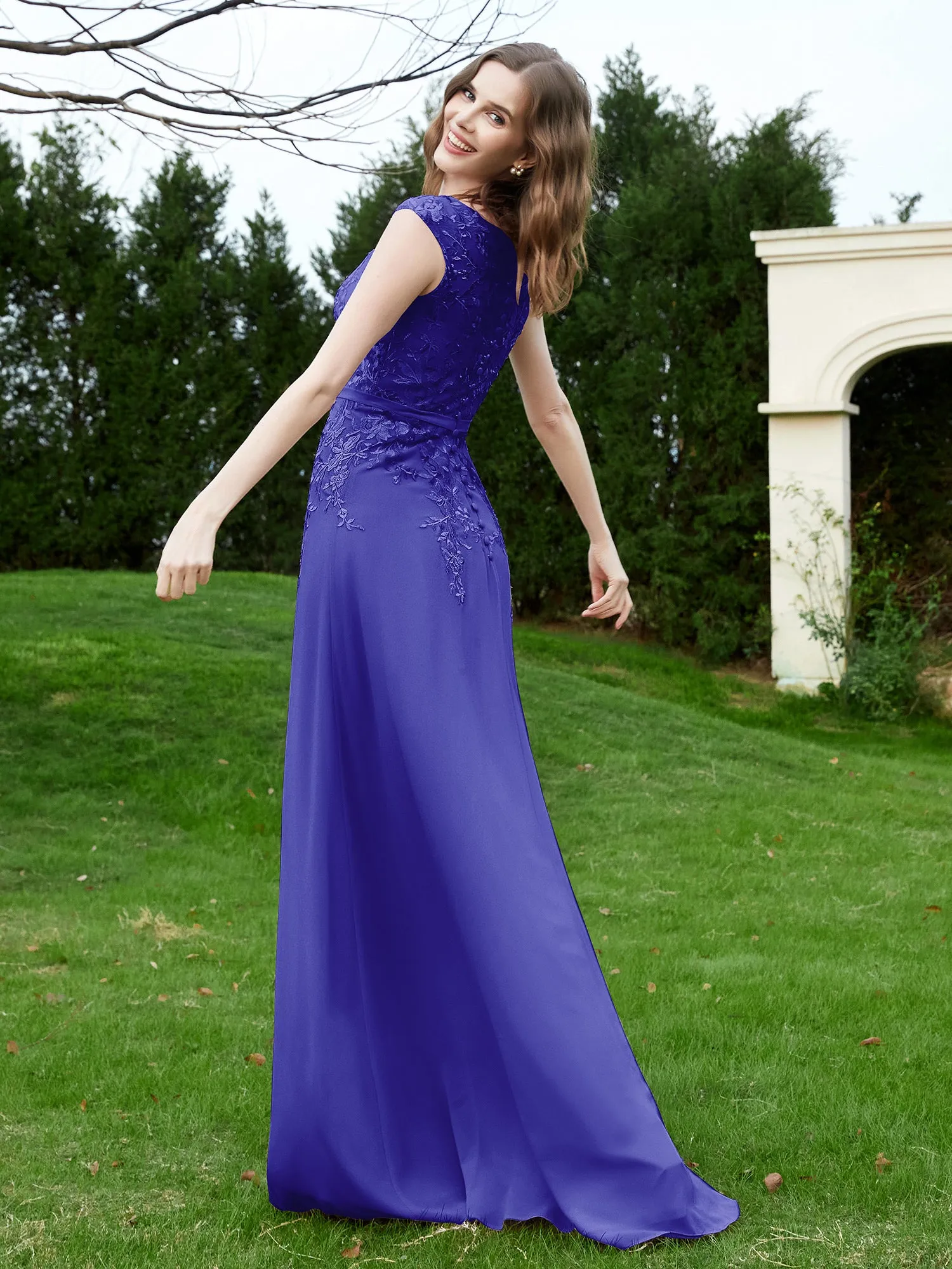Elegant Illusion Lace Appliqued Dress With Buttons Royal Blue Plus Size