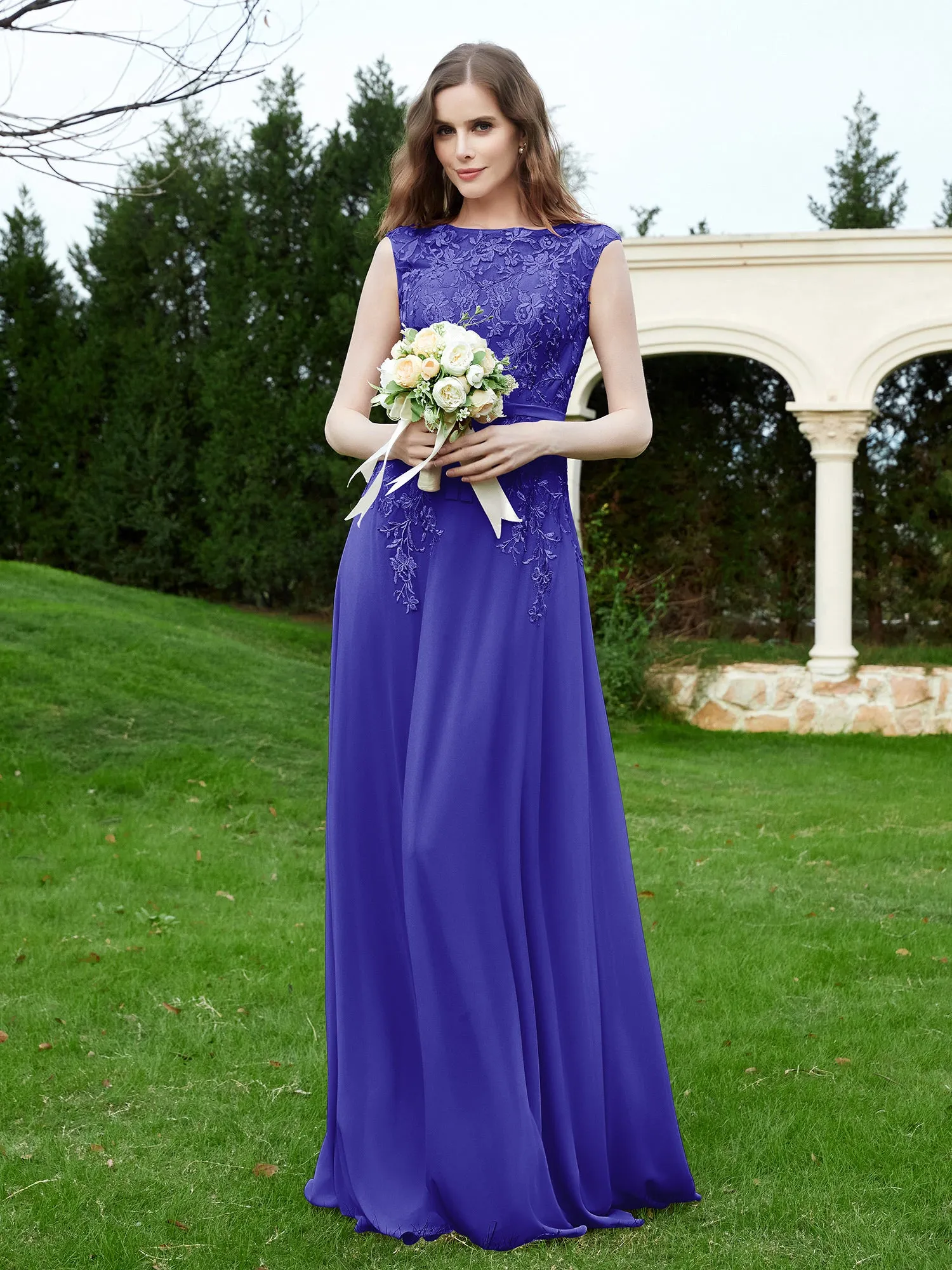 Elegant Illusion Lace Appliqued Dress With Buttons Royal Blue Plus Size