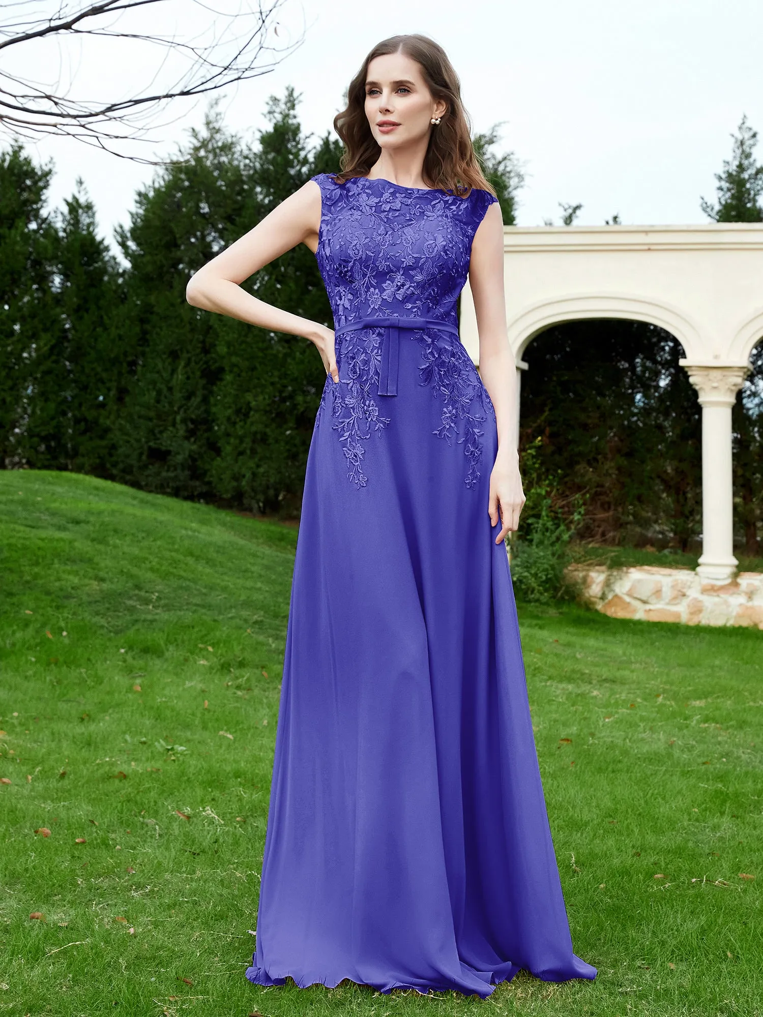Elegant Illusion Lace Appliqued Dress With Buttons Royal Blue Plus Size