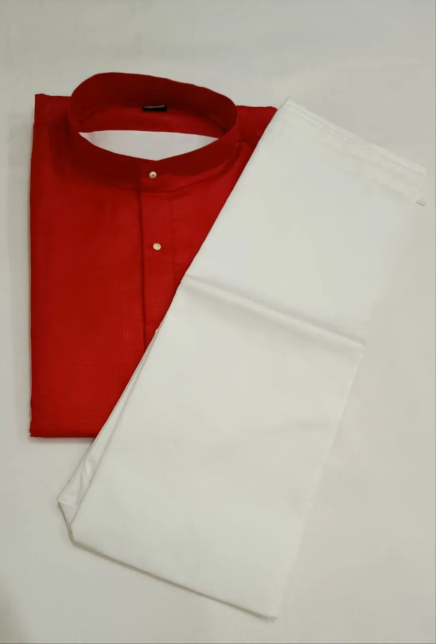 Elegant Red Colored Cotton Plain Kurta With Pajama Pant For Men