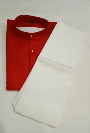 Elegant Red Colored Cotton Plain Kurta With Pajama Pant For Men
