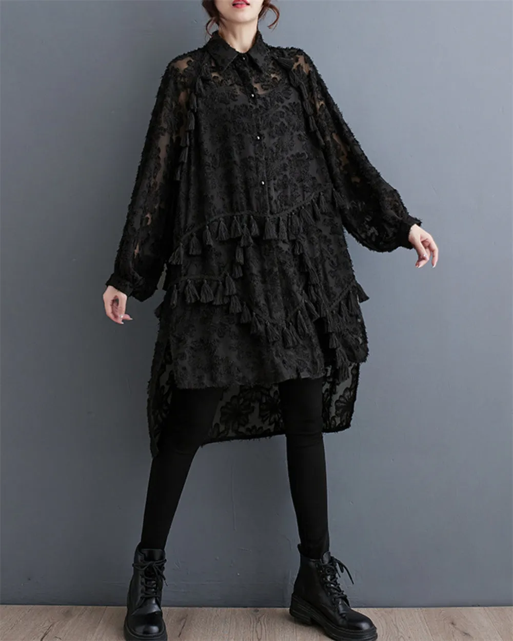 ellazhu Women's Funky Fringe See Through Tassels Shirt Dress GZ91