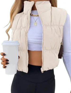 EsheSy Women's Cropped Puffer Vest Stand Collar Full Zip Sleeveless Warm Padded Jacket