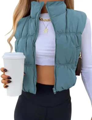 EsheSy Women's Cropped Puffer Vest Stand Collar Full Zip Sleeveless Warm Padded Jacket