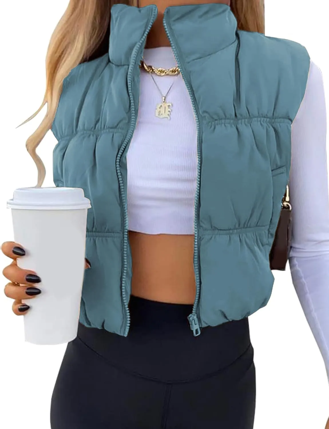 EsheSy Women's Cropped Puffer Vest Stand Collar Full Zip Sleeveless Warm Padded Jacket