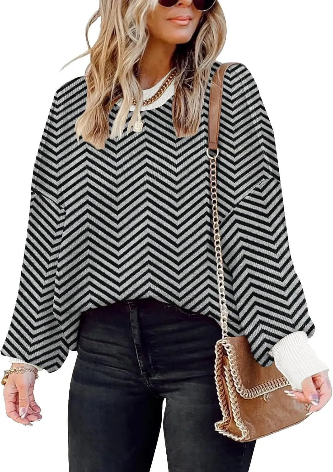 ETCYY Womens Oversized Sweaters Fall 2025 Fashion Clothes Trendy Batwing Sleeve Colorblock Striped Knit Pullover Tops