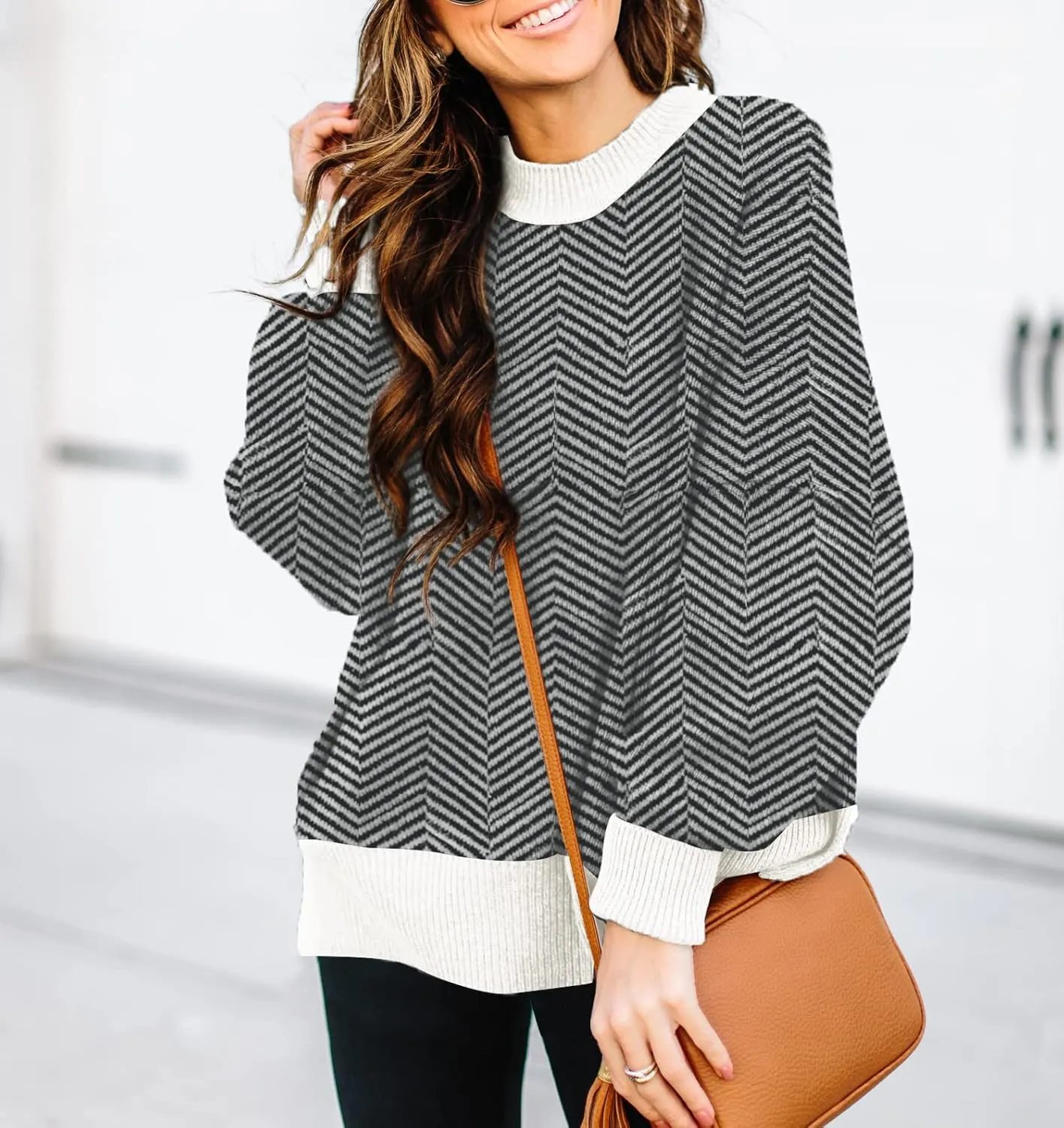 ETCYY Womens Oversized Sweaters Fall 2025 Fashion Clothes Trendy Batwing Sleeve Colorblock Striped Knit Pullover Tops