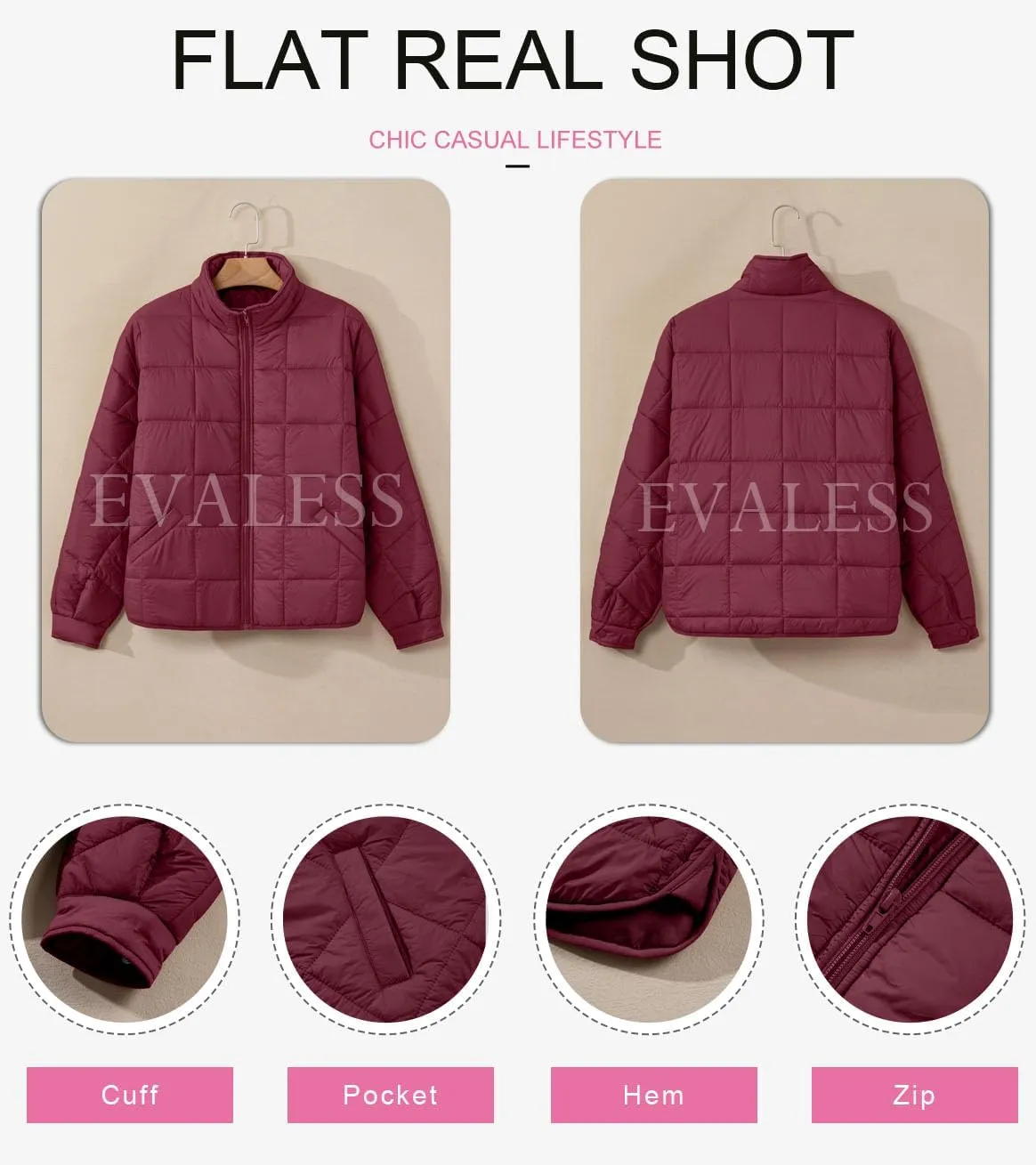EVALESS Womens Quilted Puffer Jackets Lightweight Long Sleeve Zip Up Winter Coats Fashion 2024 Fall Outfits With Pockets