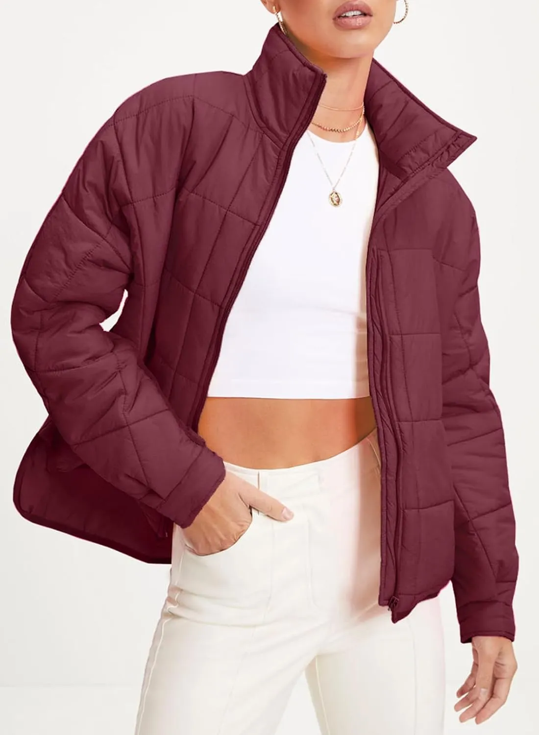 EVALESS Womens Quilted Puffer Jackets Lightweight Long Sleeve Zip Up Winter Coats Fashion 2024 Fall Outfits With Pockets