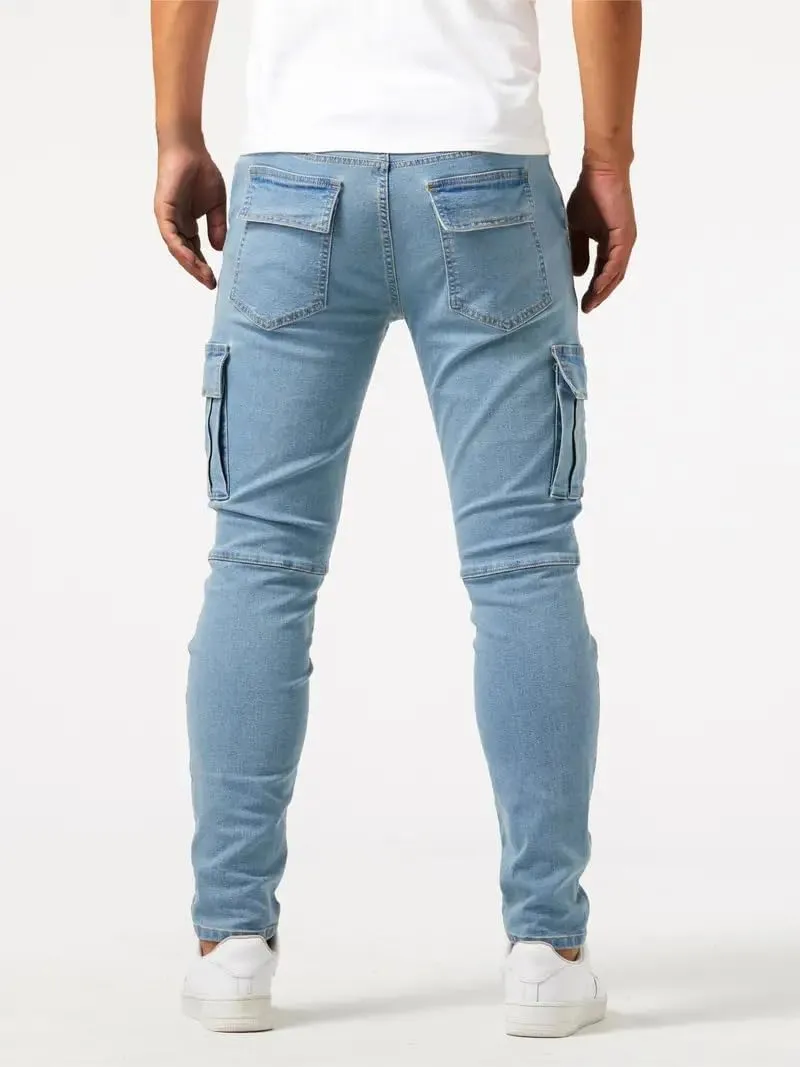 evzosrz Men's Slim Fit Stretch Jeans with Multi Pockets Distressed Straight Leg Fashion Skinny Jeans Comfort Flex Waist Pants