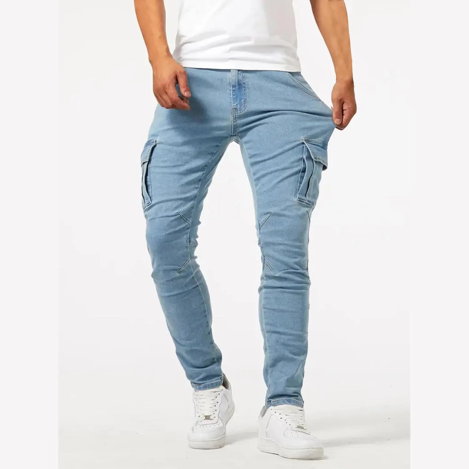 evzosrz Men's Slim Fit Stretch Jeans with Multi Pockets Distressed Straight Leg Fashion Skinny Jeans Comfort Flex Waist Pants