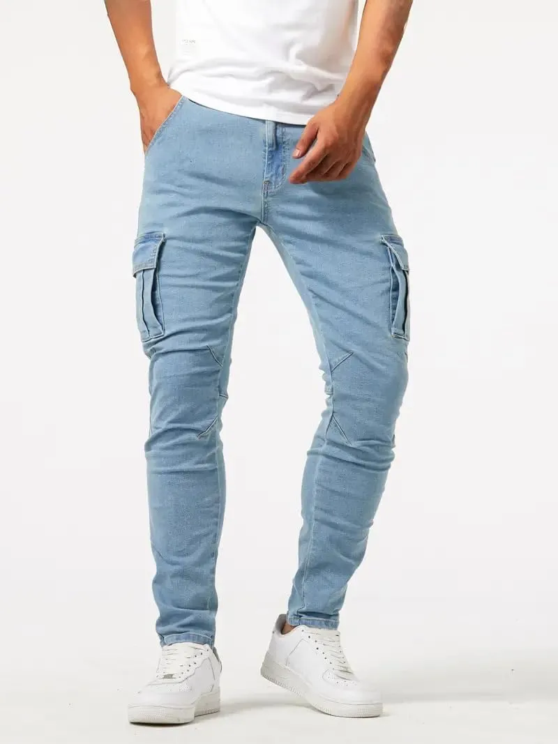 evzosrz Men's Slim Fit Stretch Jeans with Multi Pockets Distressed Straight Leg Fashion Skinny Jeans Comfort Flex Waist Pants