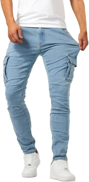 evzosrz Men's Slim Fit Stretch Jeans with Multi Pockets Distressed Straight Leg Fashion Skinny Jeans Comfort Flex Waist Pants