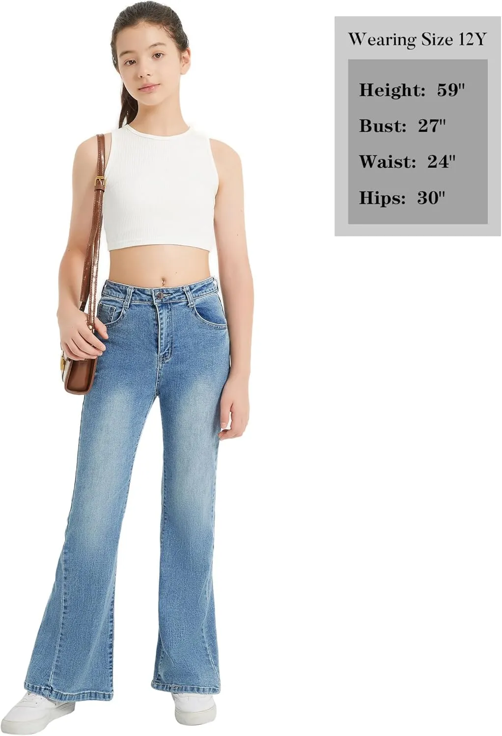 EXARUS Girls Flare Jeans Bell Bottom Full Length Denim Flared Pants Kids Mid Rise Elastic Band with Pockets