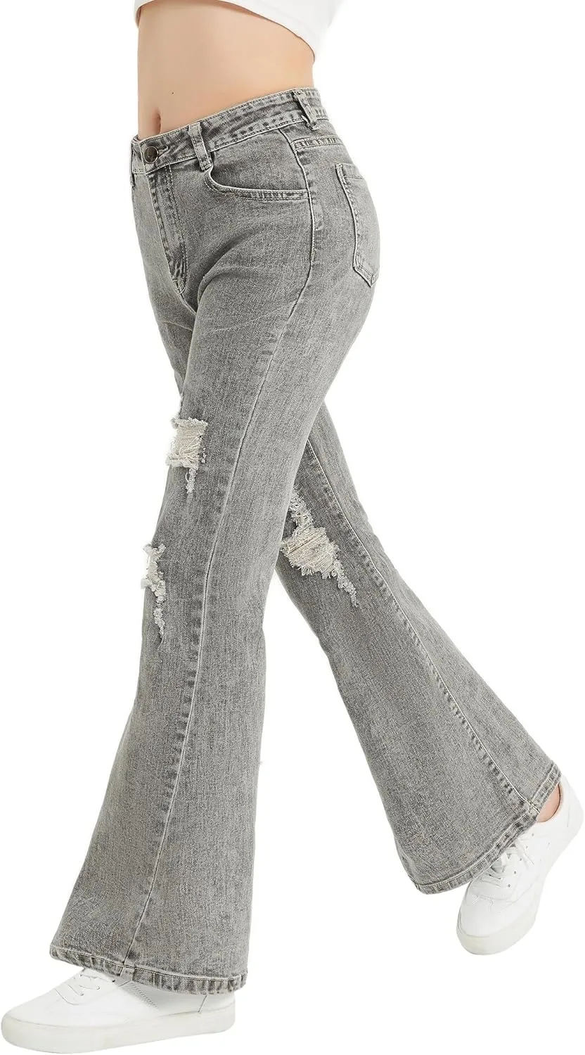 EXARUS Girls Flare Jeans Bell Bottom Full Length Denim Flared Pants Kids Mid Rise Elastic Band with Pockets