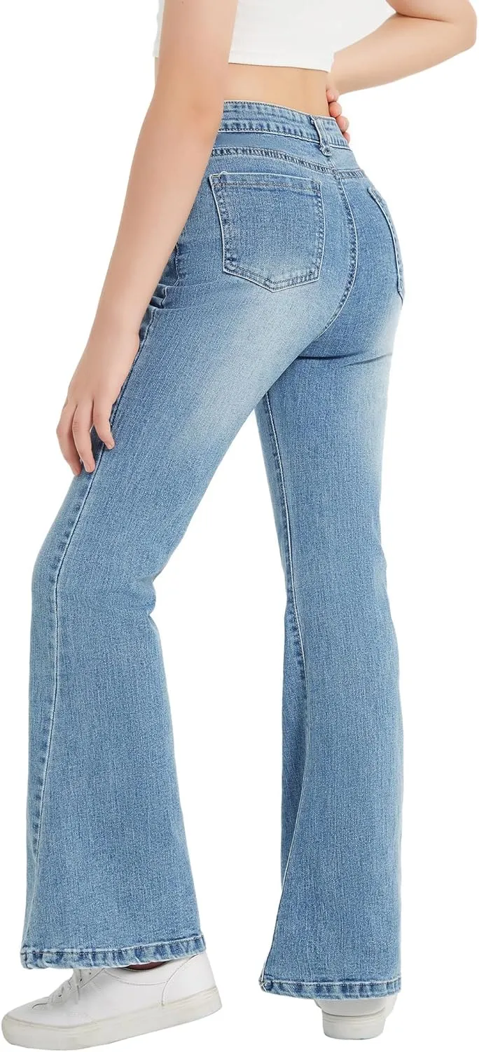 EXARUS Girls Flare Jeans Bell Bottom Full Length Denim Flared Pants Kids Mid Rise Elastic Band with Pockets