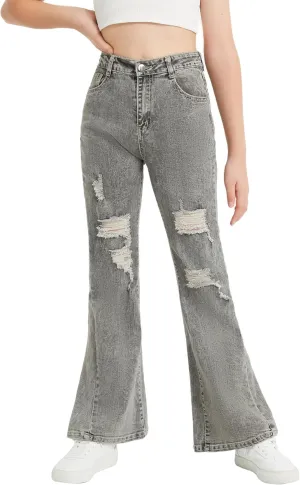 EXARUS Girls Flare Jeans Bell Bottom Full Length Denim Flared Pants Kids Mid Rise Elastic Band with Pockets