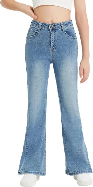 EXARUS Girls Flare Jeans Bell Bottom Full Length Denim Flared Pants Kids Mid Rise Elastic Band with Pockets
