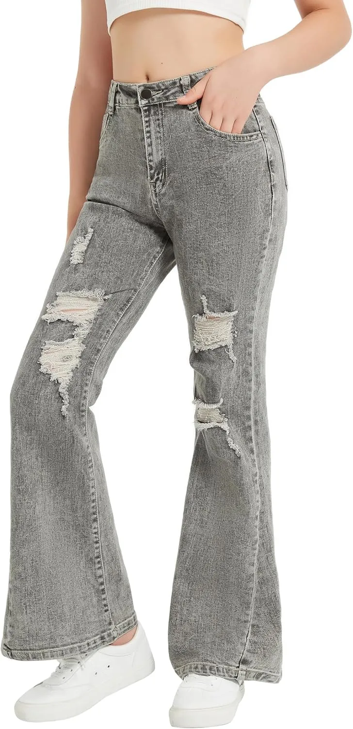 EXARUS Girls Flare Jeans Bell Bottom Full Length Denim Flared Pants Kids Mid Rise Elastic Band with Pockets