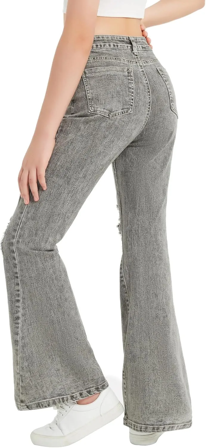 EXARUS Girls Flare Jeans Bell Bottom Full Length Denim Flared Pants Kids Mid Rise Elastic Band with Pockets