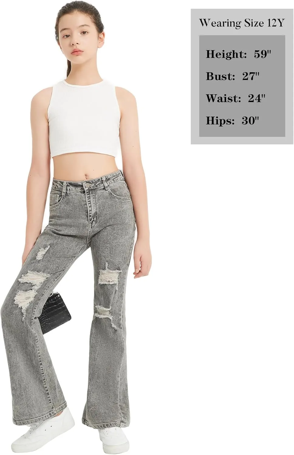EXARUS Girls Flare Jeans Bell Bottom Full Length Denim Flared Pants Kids Mid Rise Elastic Band with Pockets