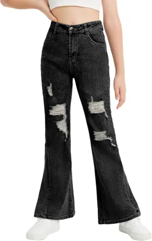 EXARUS Girls Flare Jeans Bell Bottom Full Length Denim Flared Pants Kids Mid Rise Elastic Band with Pockets